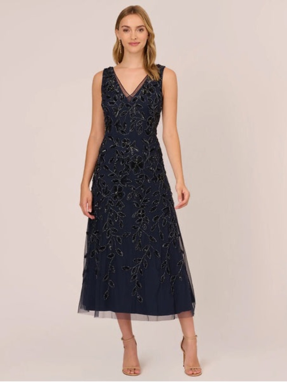 Adrianna Papell SZ 14 NWT Navy Beaded Sequin Floral Midi Dress Cocktail GALA MOB